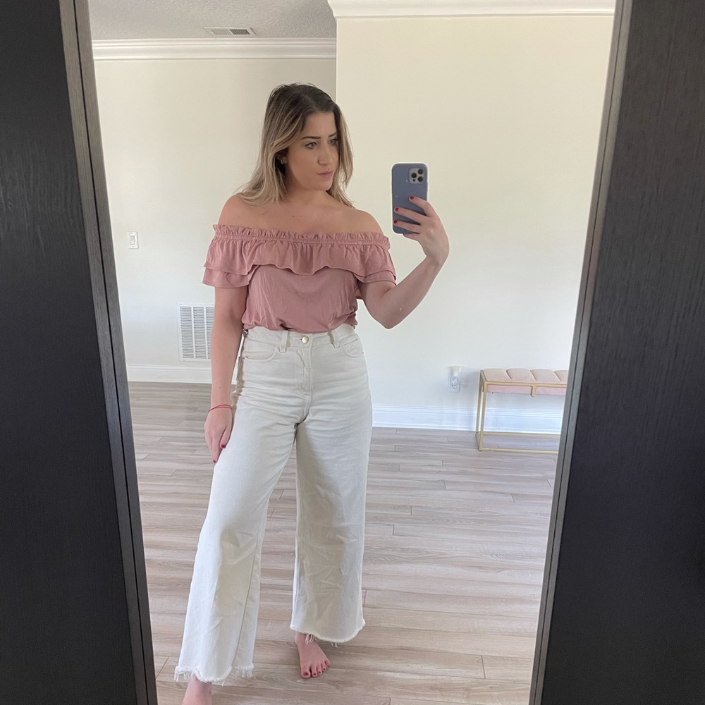 Taupe off shoulder blouse